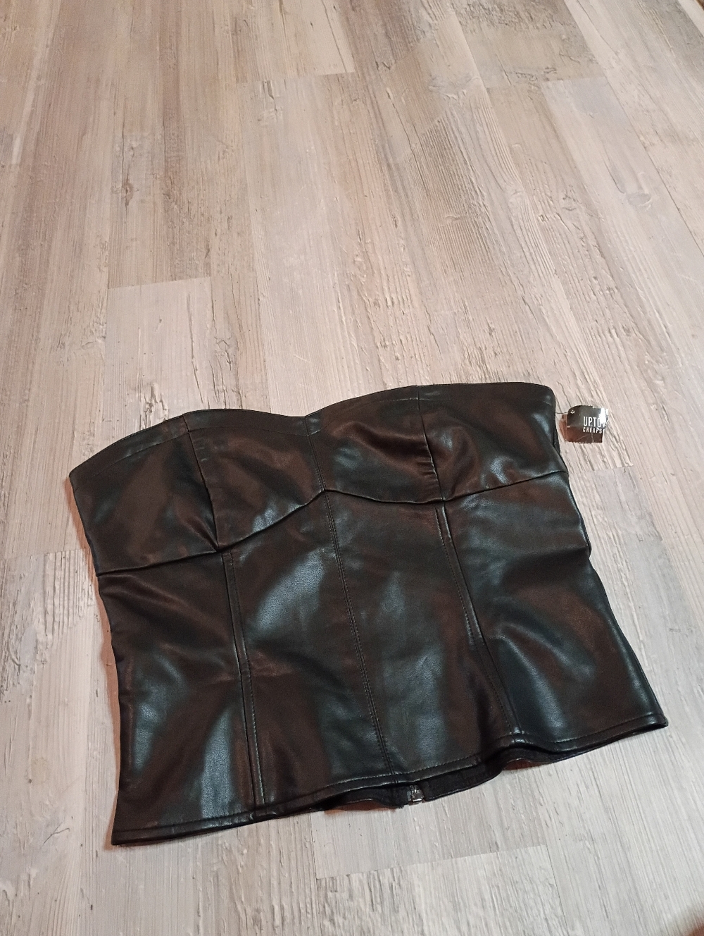 Black Faux Leather Strapless Bustier Top